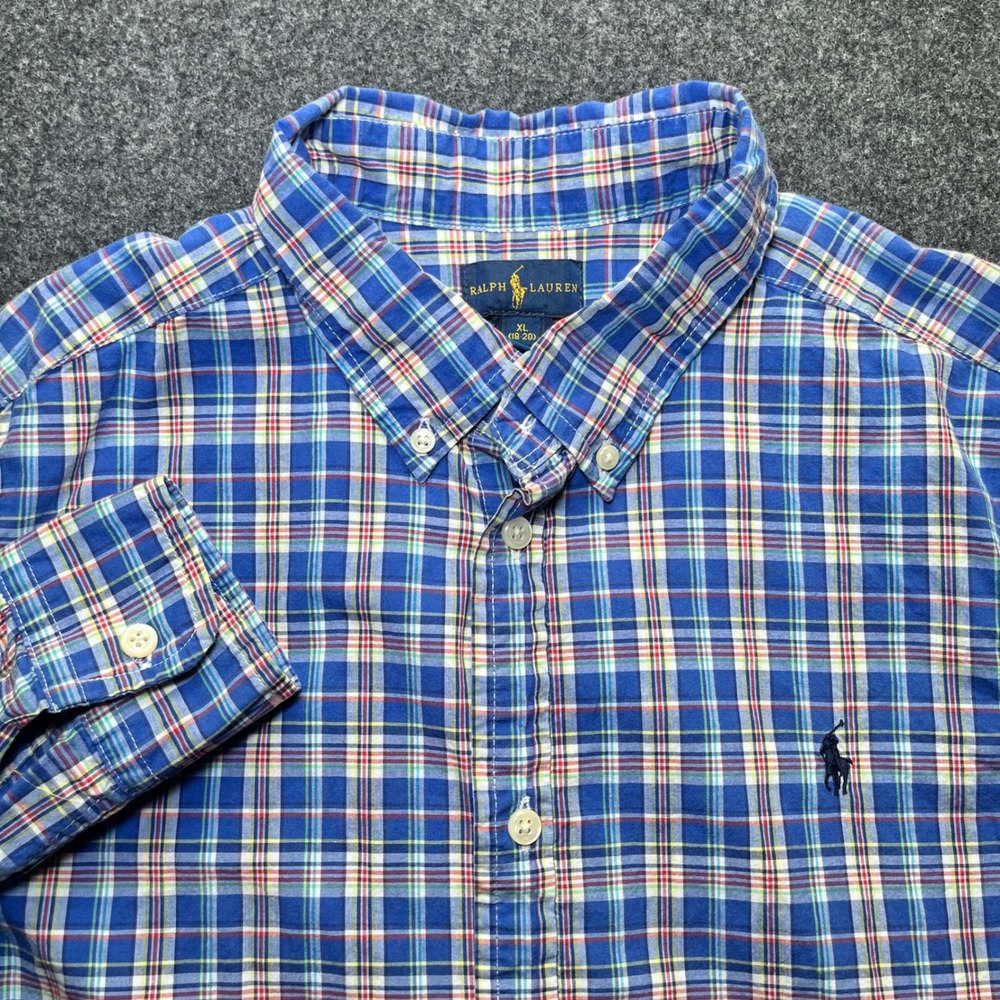 Ralph Lauren Button Down Kids XL 18-20 Blue Plaid‎ Long Sleeve Shirt
